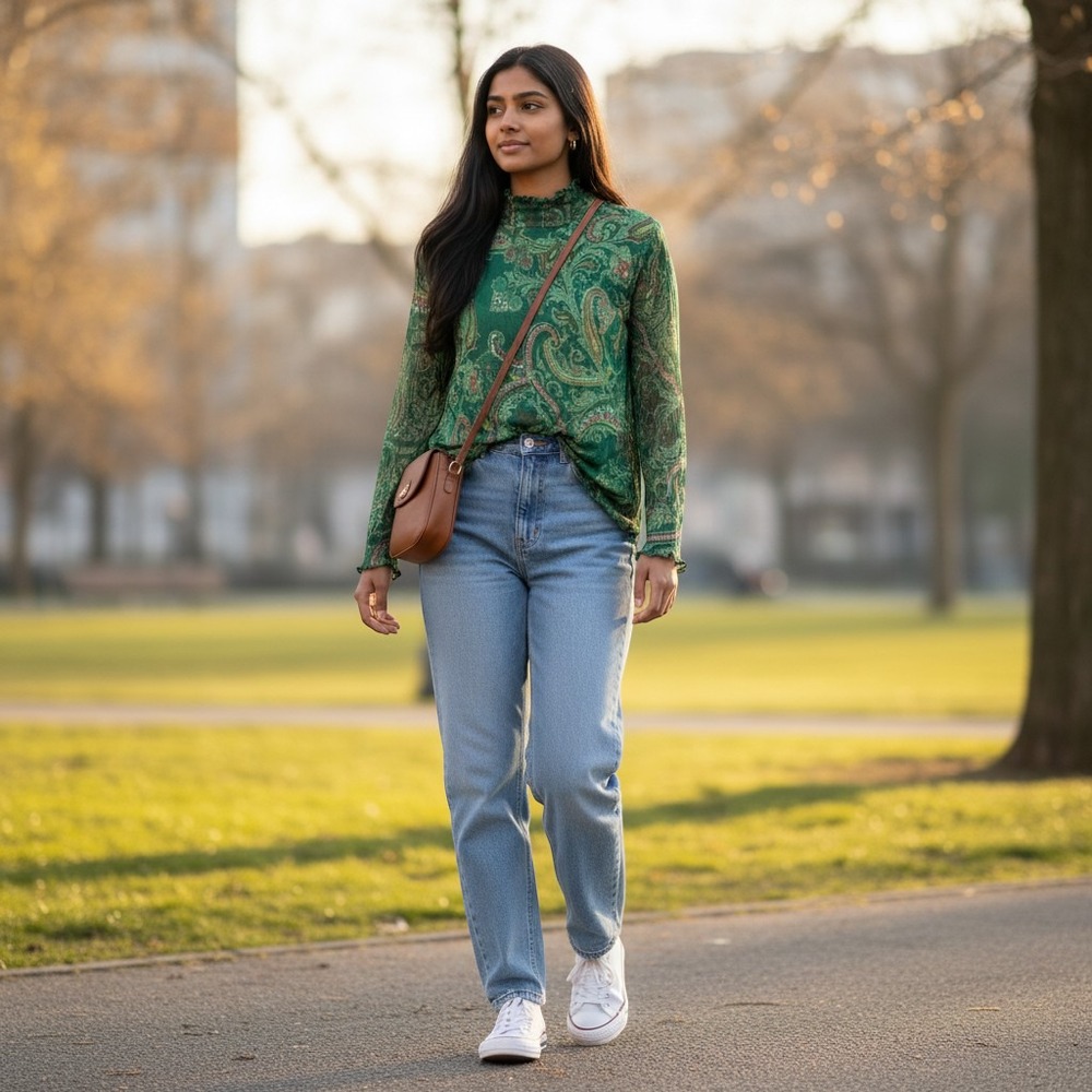 Soft Goth Green Paisley Blouse Mesh Mock Neck Lettuce Edge Long Sleeve Stretchy - Picture 2 of 8